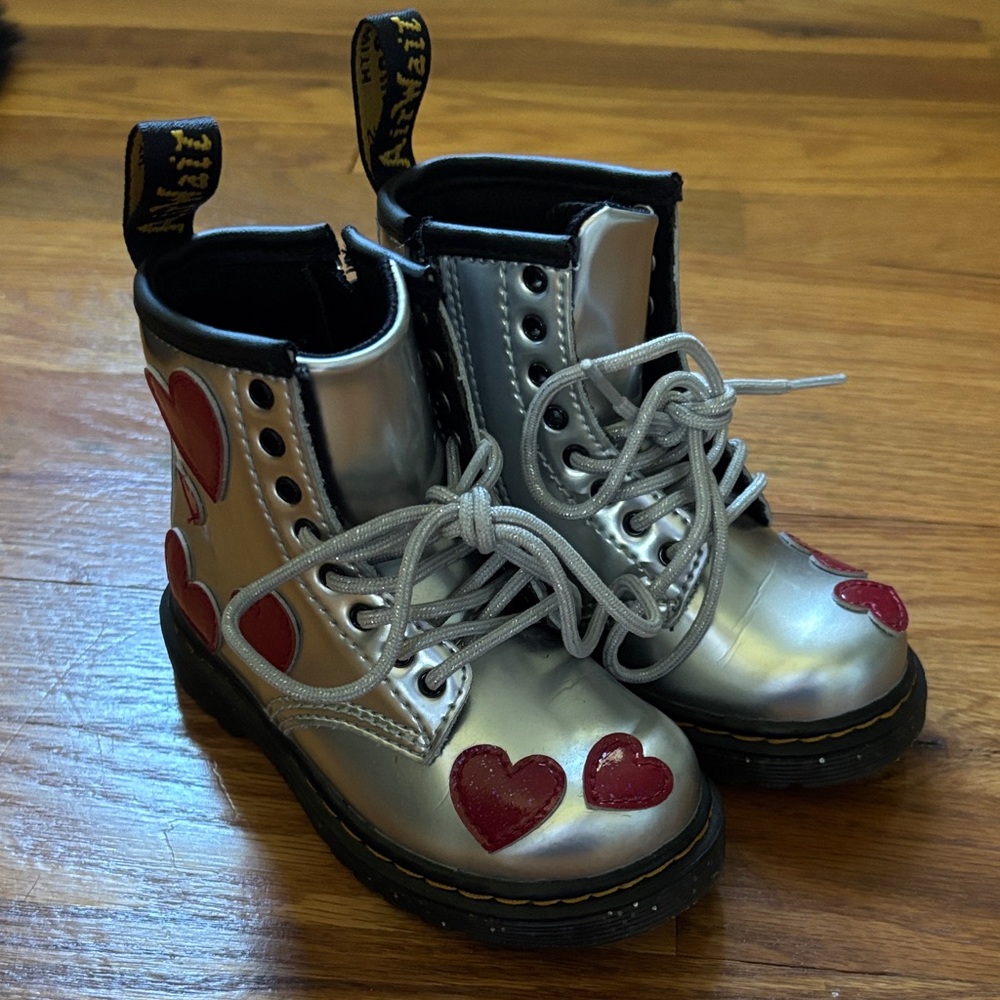 Dr. Martens Kids Silver Boots with Red Hearts